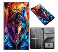Portefeuille pour passeport pour homme et femme, en cuir synthétique avec blocage RFID, antivol et emplacements pour cartes de crédit, format A3, Blue Wolf., Size:8"x4.3"