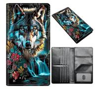 Portefeuille pour passeport pour homme et femme, en cuir synthétique avec blocage RFID, antivol et emplacements pour cartes de crédit, format A2, Loup bleu coloré, Size：8"x4.3"