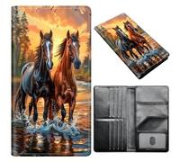 Portefeuille pour passeport pour homme et femme, en cuir synthétique avec blocage RFID, antivol et emplacements pour cartes de crédit, format A6, Deux chevaux, Size:8"x4.3"