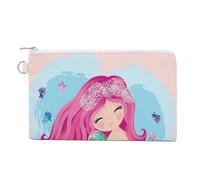 Portefeuille souple, sac à main en toile avec fermeture éclair pour femme, trousse de maquillage, porte-monnaie, pièces de monnaie, billets, 18,8 x 11,7 cm, imprimé sirène aux cheveux roses et à la qu