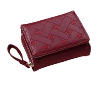 Portefeuille Trifold pour femmes - Porte-cartes mignon en PU | 4 Portefeuille compact avec fermeture éclair | Sac en cœur brodé avec plusieurs fentes pour cartes et dragonne, idéal pour un usage
