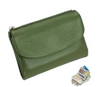 Portefeuille unisexe en cuir grainé véritable avec porte-monnaie, emplacements pour cartes de crédit et poche zippée, design compact à deux volets pour homme et femme, Vert, 13.5*3*10CM, Minimaliste