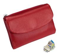 Portefeuille unisexe en cuir grainé véritable avec porte-monnaie, emplacements pour cartes de crédit et poche zippée, design compact à deux volets pour homme et femme, Rouge, 13.5*3*10CM, Minimaliste
