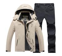 Portefeuilles rigides de ski d'hiver coupe-vent avec capuche veste et pantalon adaptés pour vêtements de ski occasionnels en plein air vêtements élégants, Beige #4, XL