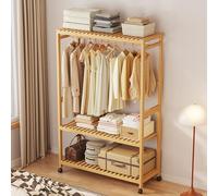 Portemanteau en bambou avec 4 roulettes, tringle à vêtements 4 en 1 et rangement, armoire ouverte polyvalente pour entrée, chambre, salle de bain et bureau - Élégant et fonctionnel