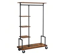 Portemanteau Mobile, Vestiaire sur roulettes, Meuble d'entrée, Portant à vêtements à 5 Niveaux, Structure Métallique, Marron Rustique
