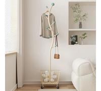 Portemanteau Roulant Moderne et Autonome, Porte Manteaux en Métal, Support de Cintre Multifonctionnel avec Panier de Rangement, Adapté a L'entrée de la Maison, À la Chambre Coucher, Coin(Beige)