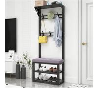 Portemanteau sur pied en bois massif avec siège rembourré et banc de rangement à 2 niveaux - Élégant porte-chaussures d'entrée (tissu noir gris, 60 cm)