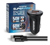 PORTENTUM Allume Cigare 54W + 60W Cable Rapide - Double Charger Voiture simultané réel - USBC PD 36W + USBA QC 18W - Prise Allume Cigare 12V pour iPhone iPad Android Smartphone