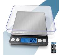PORTENTUM Balance de Cuisine Électronique de Haute Précision 500g/0,01g - Écran LCD Rétroéclairé, Balance de Precision avec 6 Unités et Fonction Tare Acier Inoxydable, Argent