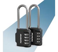 PORTENTUM Cadenas code exterieur à anse longue 4 chiffres - Lot de 2 - Cadenas casier avec corps en alliage de zinc et anse en acier - Cadenas 4 chiffres noir pour casiers armoires abris et grilles
