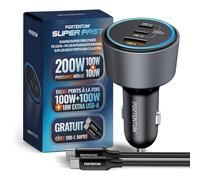 PORTENTUM Charger Allume Cigare USB C 200W Triple - Inclus Câble 100W USB-C - Charger Voiture - 2X USBC PD 100W + USBA QC 18W - Prise Allume Cigare 12V pour iPhone iPad MacBook Android