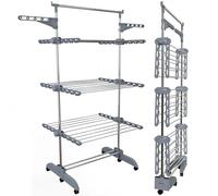 PORTENTUM Etendoir Linge Interieur et Exterieur Pliable 14 cm - 5 Niveaux et 58 Crochets pour cintres - Jusqu’à 40 kg - Séche 24 Barres INOX - Intérieur et extérieur - roulettes pivotantes avec Frein