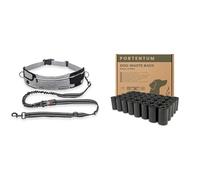 PORTENTUM Laisse Chien Mains Libres Sportive avec Ceinture Grise + Sacs à Crottes pour Chien Antifuites en Matériau Recyclé - Kit Essentiel pour Course, Randonnée et Promenades Confortables