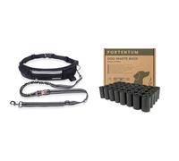 PORTENTUM Laisse Chien Mains Libres Sportive avec Ceinture Noir + Sacs à Crottes pour Chien Antifuites en Matériau Recyclé - Kit Essentiel pour Course, Randonnée et Promenades Confortables