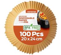 PORTENTUM Papier cuisson air fryer - 100 pièces Food-Grade BPA gratuit, 20×24 cm rond, utilisable avec friteuses 5-8 L, parfait pour recettes équilibrées