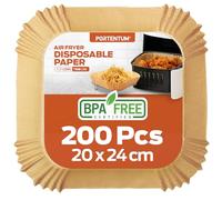 PORTENTUM Papier cuisson air fryer - 200 pièces Food-Grade BPA, 20×24 cm, adapté friteuses 5-8 L, parfait pour recettes équilibrées