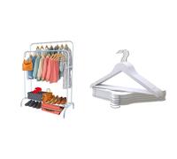 PORTENTUM Portant a vetement en acier Blanc Renforcé avec Roues et Double Barre + 10 Cintres en Bois Massif Blanc avec Crochet Pivotant | Solution Premium de Rangement et de Style