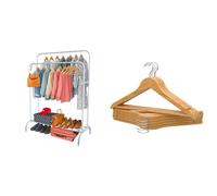 PORTENTUM Portant a vetement en acier Blanc Renforcé avec Roues et Double Barre + 10 Cintres en Bois Massif Naturel avec Crochet Pivotant | Solution Premium de Rangement et de Style