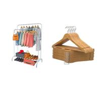 PORTENTUM Portant a vetement en acier Blanc Renforcé avec Roues et Double Barre + 20 Cintres en Bois Massif Naturel avec Crochet Pivotant | Solution Premium de Rangement et de Style