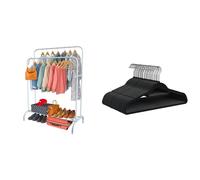 PORTENTUM Portant a vetement en acier Blanc Renforcé avec Roues et Double Barre + 30 Cintres en Velours Antidérapants Ultra-Mince | Solution Complète de Rangement et Gain de Place