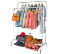 PORTENTUM Portant a vetement en acier - jusqu’à 35 kg - Penderie avec double barre et étagère porte-chaussures - Pieds antidérapants - Embouts anti-chute pour cintres - Montage rapide