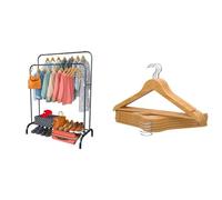 PORTENTUM Portant a vetement en acier Noir Renforcé avec Roues et Double Barre + 10 Cintres en Bois Massif Naturel avec Crochet Pivotant | Solution Premium de Rangement et de Style