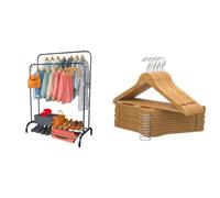 PORTENTUM Portant a vetement en acier Noir Renforcé avec Roues et Double Barre + 20 Cintres en Bois Massif Naturel avec Crochet Pivotant | Solution Premium de Rangement et de Style