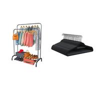 PORTENTUM Portant a vetement en acier Noir Renforcé avec Roues et Double Barre + 50 Cintres en Velours Antidérapants Ultra-Mince | Solution Complète de Rangement et Gain de Place