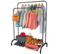PORTENTUM Portemanteau pour vêtements résistant en acier - jusqu'à 35 kg - Organisateur avec double barre et étagère à chaussures - Portemanteau sur pied avec pieds antidérapants - Couvercles