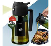 PORTENTUM Spray huile cuisine 470 ml 2 en 1 avec fonction spray et versement - Vaporisateur et pulverisateur en verre vert protection contre lumière - Accessoire air fryer avec étiquettes multilingues