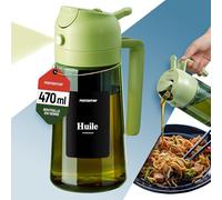 PORTENTUM Spray huile cuisine 470 ml 2 en 1 avec fonction spray et versement - Vaporisateur et pulverisateur en verre vert protection contre lumière - Accessoire air fryer avec étiquettes multilingues