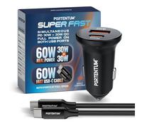 PORTENTUM Charger Allume Cigare USB C 60W + Cable Charge Rapide 60 W - Double Charger Voiture - USBC PD 30W + USBA QC 30 W - Prise Allume Cigare 12V pour iPhone iPad Android Smartphone