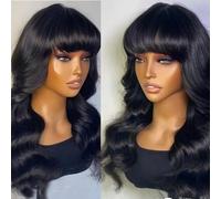 Porter et aller pleine Machine fait perruque cuir chevelu haut brésilien Remy perruque de cheveux humains avec frange vague de corps couleur naturelle for femme noire(200% Density,22 Inch)