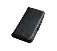 Porter Riley - Étui en Cuir Compatible avec iPhone 17. Coque Portefeuille en Cuir véritable de qualité supérieure avec emplacements pour Cartes et béquille Horizontale (Noir et Rouge)