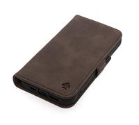 Porter Riley - Étui en Cuir pour iPhone 14. Support/Coque/Portefeuille/étui à Rabat en Cuir véritable de qualité supérieure avec [Support Horizontal] (Cadre Durable) - Marron Chocolat
