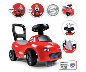 Porteur 2-en-1 SMOBY Red Ride-On avec volant directionnel et klaxon, poignée arrière, rangement sous la selle, roues 4 roues Noir
