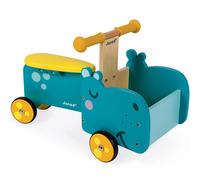Janod - Porteur Enfant en Bois Hippo - Poignées Ergonomiques et Roues Silencieuses - Casier de Rangement - Apprentissage de l'équilibre - Dès 1 an, J08003, Bleu et Jaune