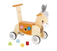 Janod - Porteur en Bois Ane avec Boite à Formes intégrée - Fonction Trotteur - Roues silencieuses - Apprentissage Equilibre et Motricité - Jouet d'Eveil en Bois FSC - Dès 12 Mois, J03325