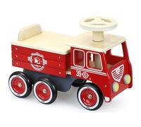 Vilac Porteur camion de pompier 1126R – Bois, coffre sous assise, anti-bascule – Rouge – Dès 18 mois