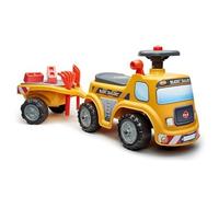 Falk - Porteur Chantier Super Builder - Dès 12 Mois - Jaune - Volant directionnel avec klaxon - Levier à Effet sonore - Coffre de Rangement - Remorque & Accessoires - 706C