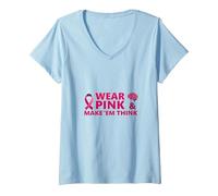 Portez du Rose et Faites réfléchir : Inspiration pour la Sensibilisation au Cancer T-Shirt avec Col en V, Femme, Bleu Céleste, M