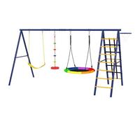 Portique Balançoire 6 En 1 - Balançoire, Corde Et Filet D'escalade, Nid Oiseau, Panier Basket, Échelle - Acier Bleu Jaune