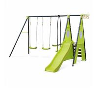 Portique avec balançoires, face à face, toboggan, panier de basket,mur d'escalade, tente vert TU