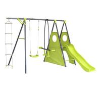 Habitat et Jardin – Portique métal Dany – 5 agrès, toboggan & balançoires, kit d'ancrage – Vert