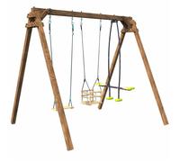 Portique en bois carré 3 agrès avec balançoire bébé et face à face PIERRE