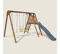 Portique En Bois Carré 3 Agrès Balançoire Bébé, Face À Face Et Toboggan Trefle Marron TU