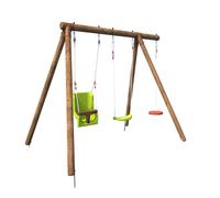 Portique en bois rond 3 agrès avec balançoire bébé et corde disque TIAGO