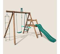 Portique en bois rond 3 agrès avec face à face, échelle et toboggan bas MÛRIER