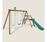 Portique En Bois Rond 3 Agrès Avec Face À Face Et Toboggan Bas Figue Marron TU